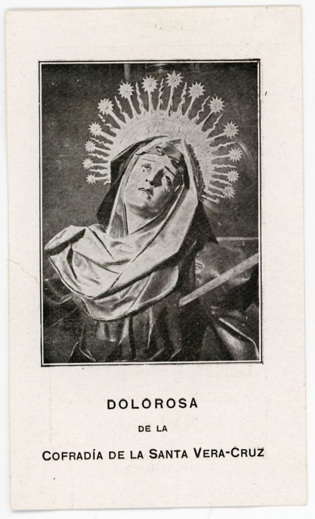 Documento devocional. 03/04/1925. Recordatorio de la festividad de la Virgen de los Dolores que se celebró el Viernes de Dolores de 1925 en la Iglesia de la Vera Cruz, presidida por el arzobispo Gandásegui (r)