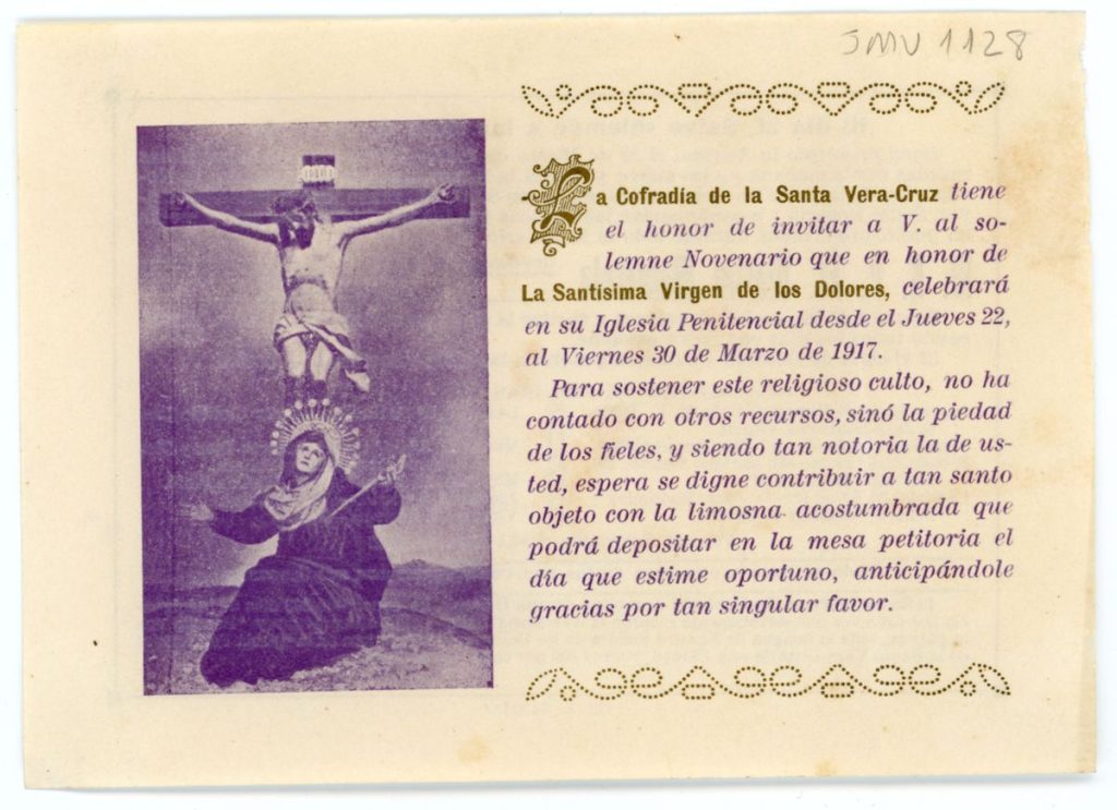 Documento devocional. 1917. Novenario que la cofradía penitencial de la Santa Vera Cruz dedica en su templo a Virgen Dolorosa de la Cruz (r)